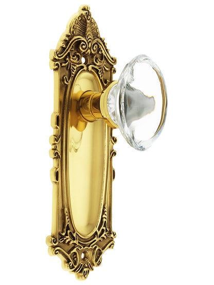 Victorian Plate with Oval Clear Crystal Knob in Polished Brass with .